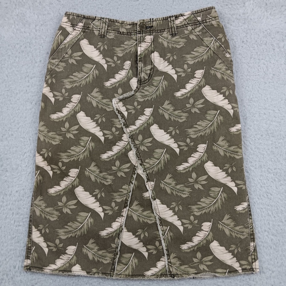 Cato Midi Skirt Women 8 Green Feather Leaf Print Cotton Raw Hem RN 37080